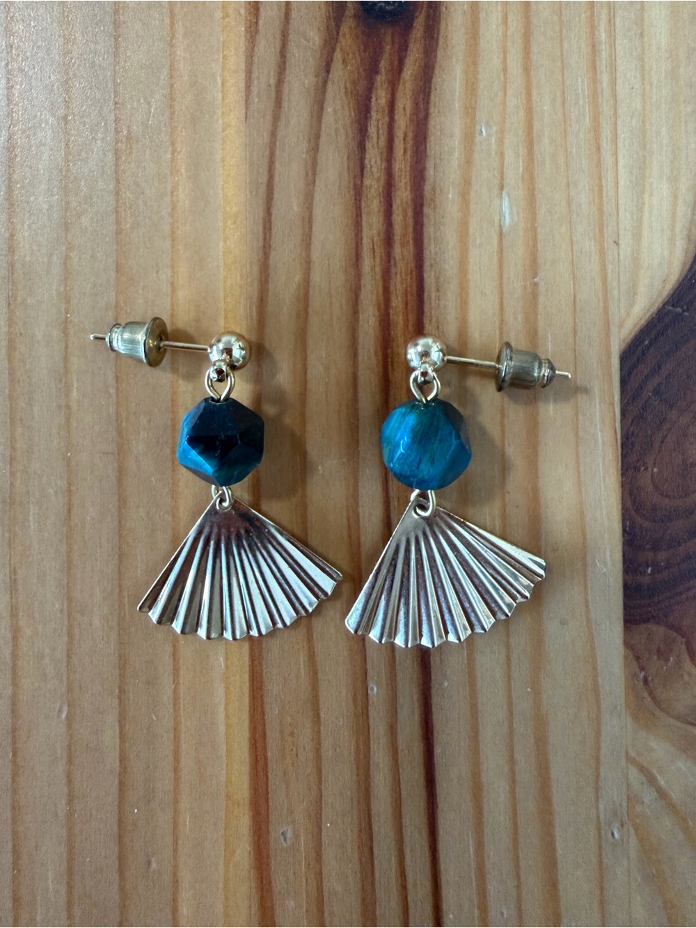 Gold Fan Drop Earrings with Teal Bead